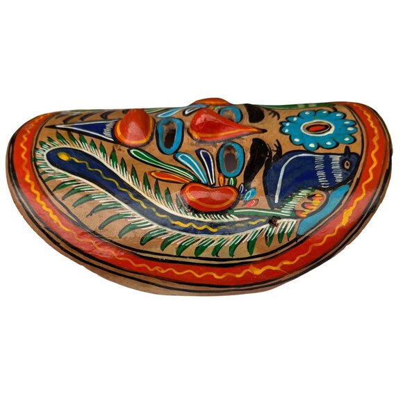 Vintage Mexican Hand Painted Clay Mask Folk Art Birds Flowers Wall Decor Boho - Picture 3 of 5